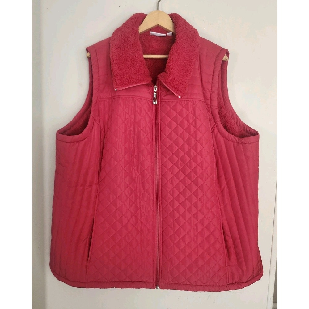 NWOT D&Co. Womens 3X Red Faux Fur Quilted Vest Sleeveless Pockets Zipper Plus